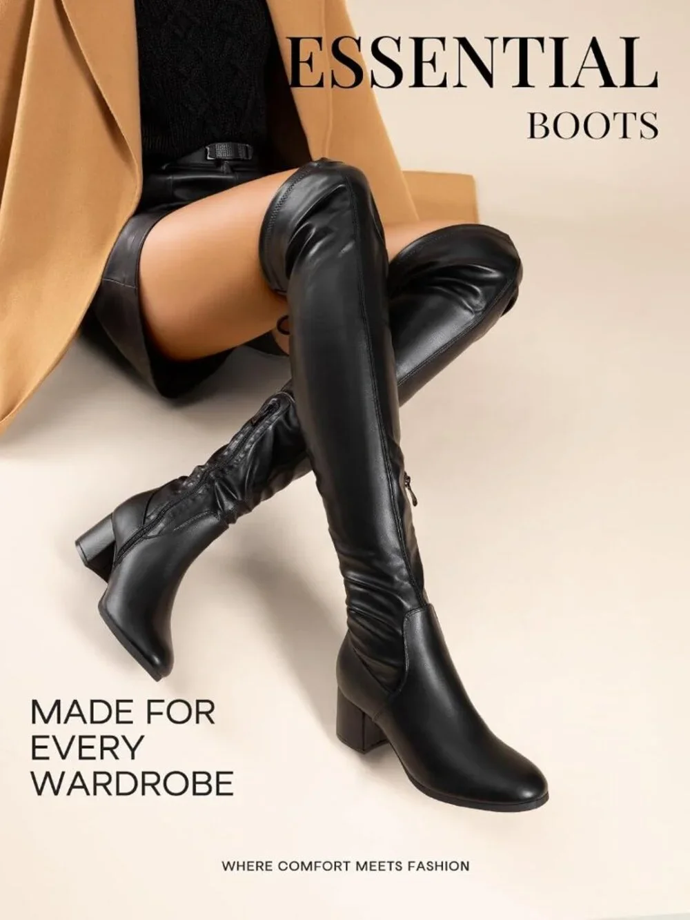 Women's Black Pu Faux Suede Fall Chunky Heel Over The Knee Thigh High Boots